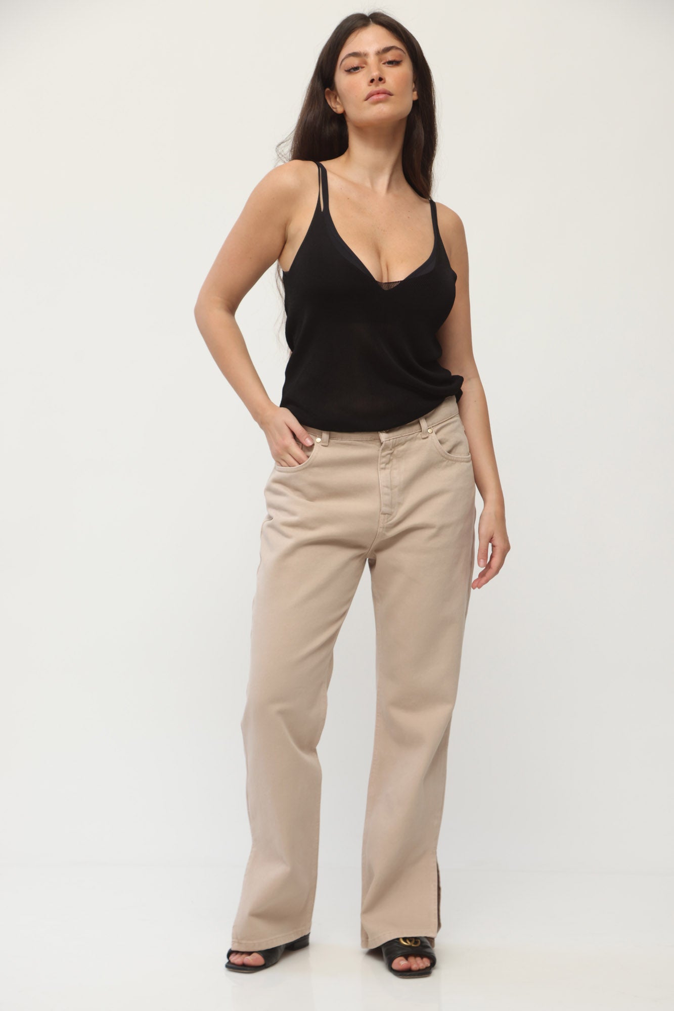 HIGH WAIST LEG SLIT DENIM