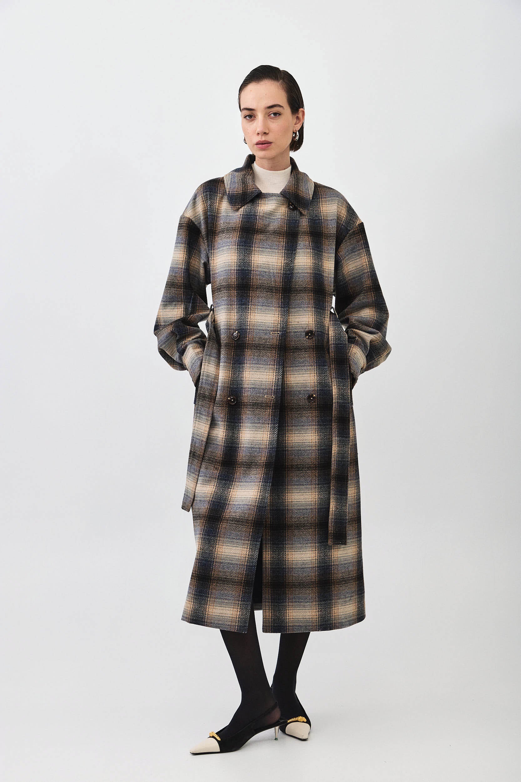 3550117 Cream Plaid Coat